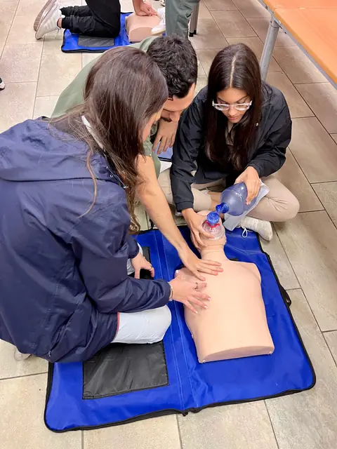 Participantes practican ventilación con bolsa autoinflable en un maniquí de reanimación